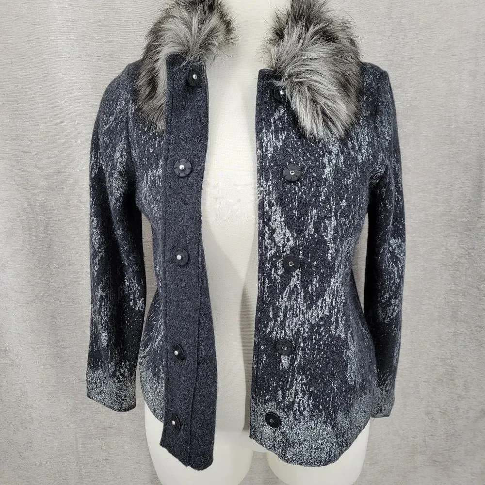 Chico's Wool Gray Button Up Cardigan Sweater Jacket with Faux Fur Collar